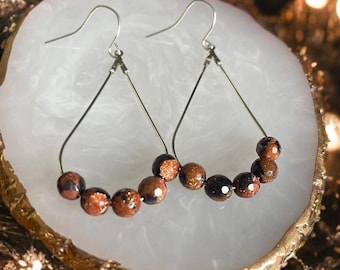 Goldstone Sky Earrings | Teardrop Wire Dangles with Gold & Blue Goldstone Beads – Silver Hooks
