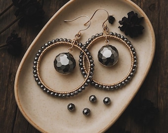 Luna Noir Hoop Earrings | Swarovski Crystal Light Chrome Beads – Gold Wire Wrapped Statement Earrings