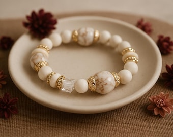 Desert Bloom Bracelet | Decorative Neutral Tone Beaded Stretch Bracelet – Crystal Accent Boho Jewelry - Adjustable Bracelet