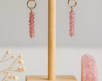 Petal Glow Earrings | Pink Tourmaline Rondelle Drops in Gold Plated Stainless Steel - Gemstone Earrings - Pink Tourmaline Beaded Earrings