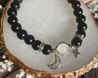 Celestial Shadows Bracelet | Onyx and Opalite Stretch Bracelet with Moon & Star Charms – Stretch Beaded Jewelry - Celestial Bracelet