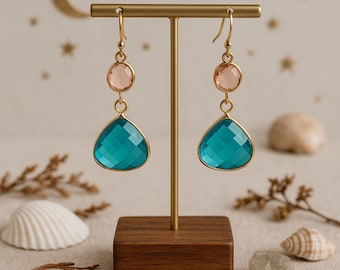 Coastal Glow Earrings | Turquoise & Peach Glass Dangles – Gold Hook Statement Jewelry