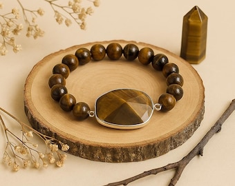 Tiger’s Eye Rooted Strength Bracelet | Faceted Center Gemstone & Round Beads – Grounding Crystal Stretch Bracelet