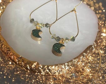 Moonlight Forest Earrings | Gold Teardrop Hoops with Green Drusy Crescent Moons & Swarovski Crystals