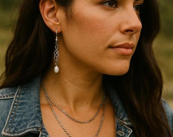 Spiritweaver Earrings | Long Tribal Silver Drops with Opal Glitter Crystals - Antique Silver Earrings - Boho Glam Jewelry