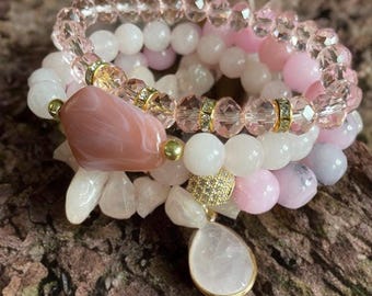 Rose Quartz Harmony Stack | Set of 4 Stretch Bracelets – Crystal Beads, Charms & Faceted Glass in Soft Blush Tones