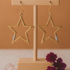 Starlash Earrings | Hammered Gold Star Dangles – Celestial Statement Earrings with Silver Coil Accent