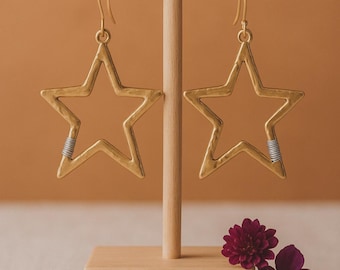 Starlash Earrings | Hammered Gold Star Dangles – Celestial Statement Earrings with Silver Coil Accent