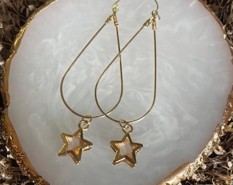 Meadowlight Earrings | Gold Teardrop Hoops with Peach Crystal Star Charms