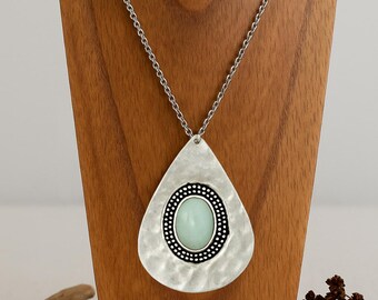 Sea Drift Pendant Necklace | Amazonite Oval Stone on Hammered Silver Teardrop – Boho Coastal Statement Jewelry - Natural Stone Necklace