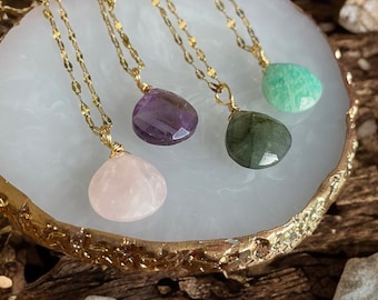 Gemstone Teardrop Necklace | Choice of Stone - Faceted Rose Quartz, Amethyst, Labradorite, or Amazonite – 14k Gold Plated Decorative Chain