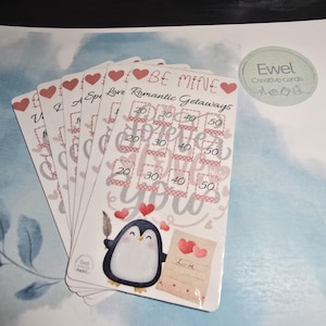 Sparen, kaarten, budgethulpmiddelen, persoonlijke financiën, romantische spaarkaarten - cadeau-idee voor Valentijnsdag - budgetbudget envelop met schattig pinguïnontwerp