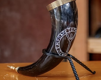Hand Carved Algiz design Viking Drinking Horn w/ Brass Celtic Band & Crocodile Tip | Larp Medieval Norse Tankard w/ Forged Iron Twist Stand