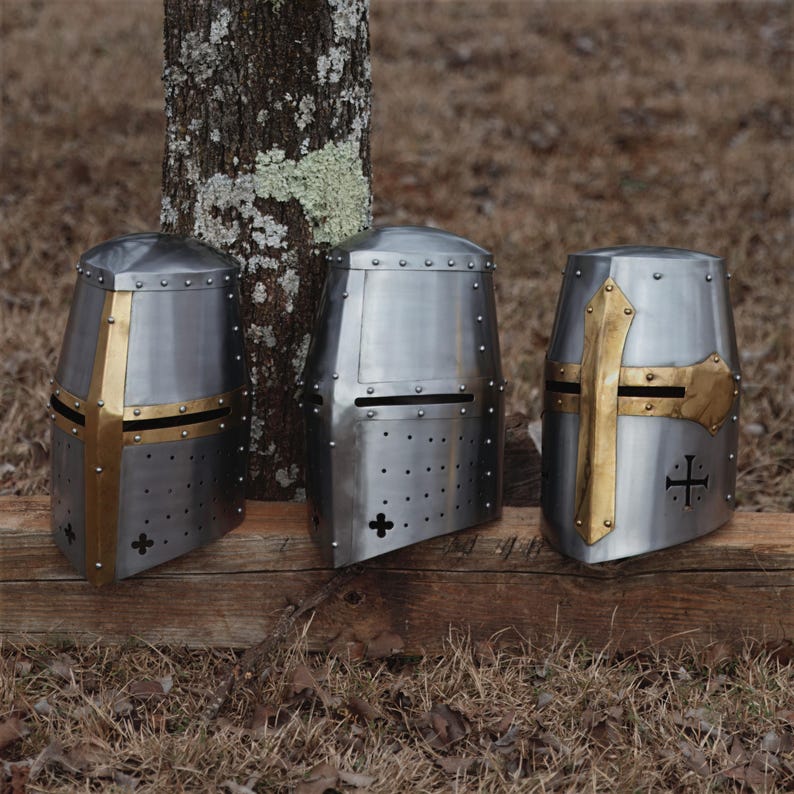Medieval knight helmet with iron cross displayed, ren faire outfit templar helmet for medieval cosplay, larp costume, knight decor & medieval accessories, featuring ventilation holes & leather liner for reenactment display.