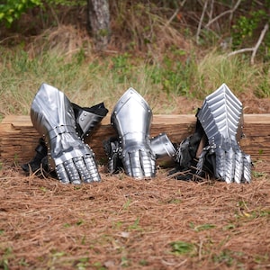 May include: Three sets of silver-colored, articulated metal gauntlets, designed to protect the hands and forearms. The gauntlets are resting on a weathered wooden beam, with a natural outdoor background of grass and pine needles.