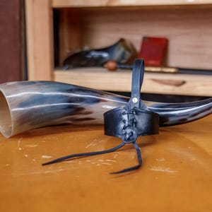 Handcrafted Viking Drinking Horn Medieval Natural Buffalo Horn w/ Leather Belt Frog Perfect Gift for Renaissance Festival & Ren Fair Cosplay