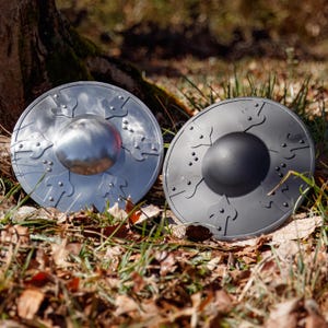 May include: Two round shields, one silver and one gray, rest on a bed of fallen leaves and grass. The shields have a central boss and decorative patterns around the edges. The silver shield has a shiny, reflective surface.