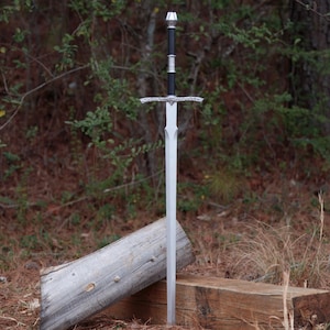 May include: A silver sword with a black handle and ornate silver crossguard. The sword is standing upright, with the blade pointing upwards. The background features a natural setting with trees and foliage.