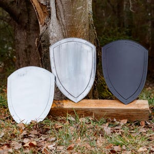 May include: Three metal shields in silver, gray, and black, arranged on a wooden beam against a natural backdrop. Each shield has a riveted border and a classic, pointed bottom design, suitable for historical reenactments or decorative purposes.