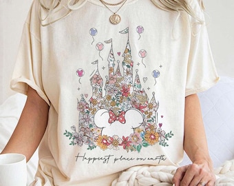 Chemises rétro de l'endroit le plus heureux de la planète, chemise Château Disney Minnie Mouse, t-shirt floral château Disney, t-shirt familial Magic Kingdom, t-shirt Disneyland