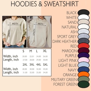 May include: Image showcasing a selection of hoodies and sweatshirts. The image includes a color chart with options like black, white, and navy. Size charts are also present, with measurements in inches for width and length, ranging from S to 5XL.