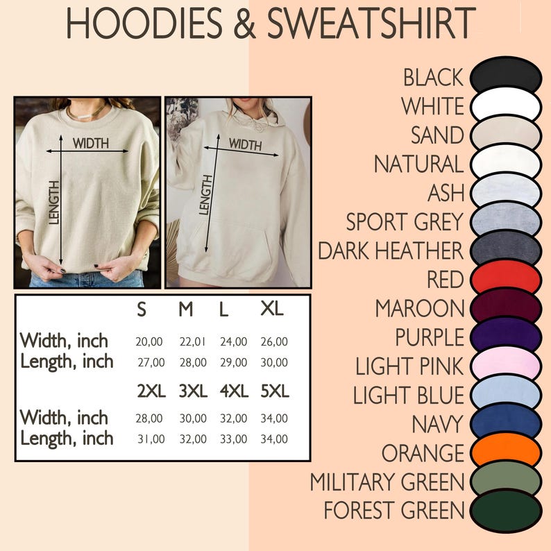 May include: Image showcasing a selection of hoodies and sweatshirts. The image includes a color chart with options like black, white, and navy. Size charts are also present, with measurements in inches for width and length, ranging from S to 5XL.