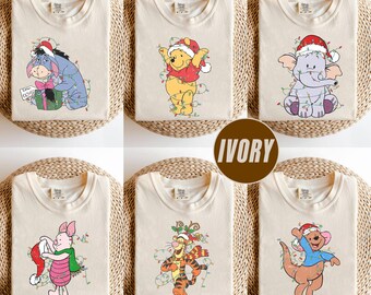 Chemise de Noël personnages Winnie l'ourson, T-shirt fête de Noël Disney, Sweatshirt de Noël Porcelet Bourriquet Bourriquet Tigrou Disney, T-shirt de Noël
