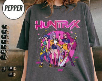 T-shirt Huntrix, chemise chasseurs de démons, t-shirt filles Huntrix, chemise Mira Rumi Joey, merch Demon Hunter, cadeau pour fan de Kpop, chemise de film Kpop