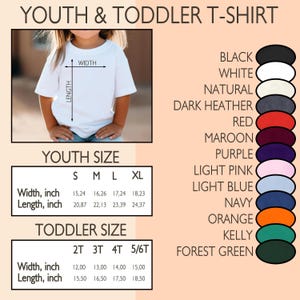 May include: White youth and toddler t-shirt with size and color options. The image shows a white t-shirt with measurements in inches for youth and toddler sizes. Color options include black, white, and navy.