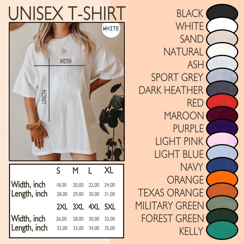 May include: White unisex t-shirt with size and color options. The shirt's width ranges from 18 to 32 inches, and the length from 28 to 35 inches. Available colors include black, white, sand, and various shades of grey, red, purple, and green.