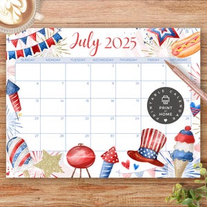 Calendario mensual imprimible, julio de 2025 (PDF), 4 de julio, vacaciones de verano, patriótico, niños, EE. UU., descarga instantánea