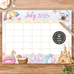 Calendario mensual imprimible, julio de 2025 (PDF), verano, vacaciones, playa, mar, niños, planificador, descarga instantánea, 5 de julio