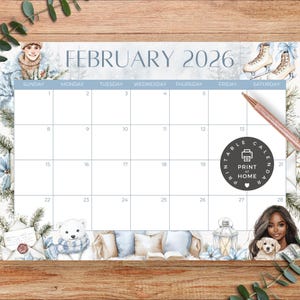 Printable Monthly Calendar - February 2026 PDF Download - Cozy Feminine Collection - CC003 image 1