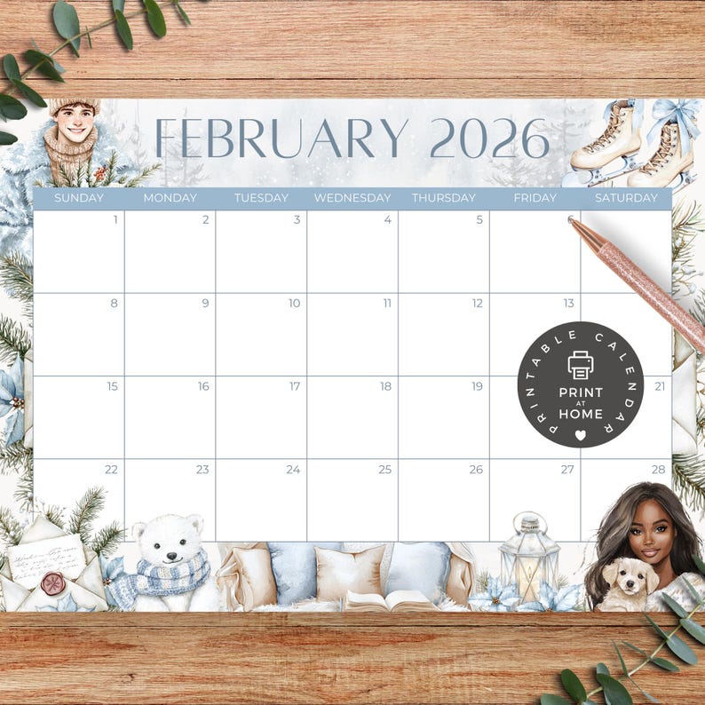Printable Monthly Calendar - February 2026 PDF Download - Cozy Feminine Collection - CC003 image 1