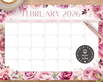Printable Monthly Calendar - February 2026 PDF Download - Watercolor Floral Design - CC001