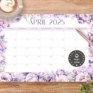 Calendario mensual imprimible - Abril 2025 PDF Descargar - Diseño floral en acuarela - CC001