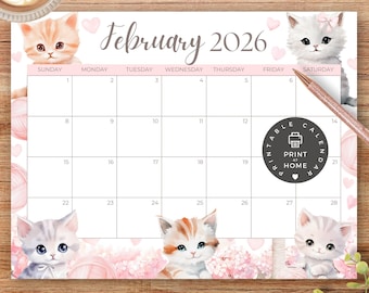 PRINTABLE Monthly Calendar, February 2026 PDF, Kittens, Cat, Valentine, Kids School Schedule, Classroom Calendar, Instant Download, CC005