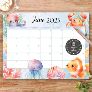 Calendário mensal para impressão, junho de 2025 Download em PDF, No fundo do mar, animais do oceano, Cronograma escolar infantil, Sala de aula, Download instantâneo, CC005