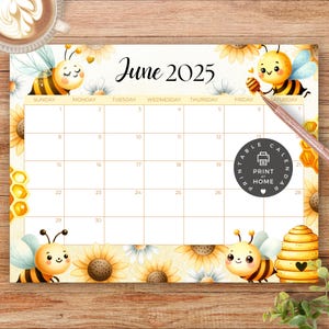 Calendario mensual imprimible, junio de 2025 (PDF), verano, flores amarillas, abejas adorables, escuela infantil, aula, descarga instantánea, 1 de junio
