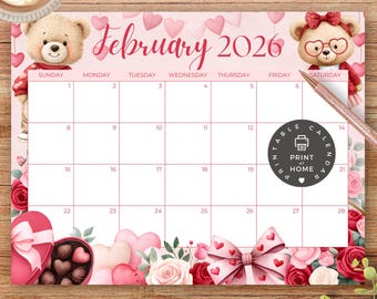 PRINTABLE Monthly Calendar, February 2026 PDF, Teddy Bears, Valentine Day, Kids School Schedule, Classroom Calendar, Instant Download