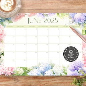 Calendario mensual imprimible - Junio 2025 PDF Descargar - Diseño floral en acuarela - CC001