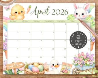 DRUCKBARER Monatskalender, April 2026, Sofort PDF Download, Frühling, Tiere, Ostern, Garten, Blumen, Kinder Schul Stundenplan, Klassenzimmer