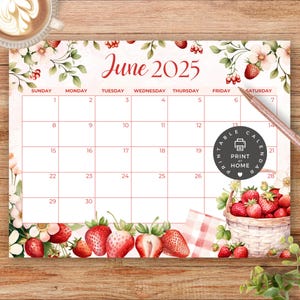Calendario mensual imprimible, junio de 2025 (PDF), verano, fresa, picnic, escuela infantil, aula, descarga instantánea, 3 de junio