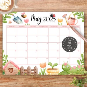 Calendario mensual imprimible, mayo de 2025 (PDF), primavera, insectos, flores, jardinería, escuela, aula, descarga instantánea, 7 de mayo