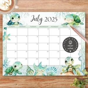 Calendário mensal para impressão, julho de 2025, download em PDF, tartarugas marinhas, oceano, férias, fundo do mar, crianças, verão, download instantâneo, julho de 2025