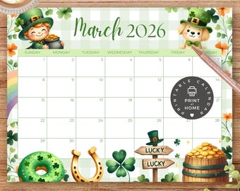 Calendrier mensuel à imprimer, mars 2026 PDF, téléchargement immédiat, St-Patrick, lutin, irlandais, porte-bonheur, horaire scolaire pour enfants, calendrier de classe