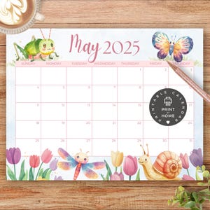 Calendario mensual imprimible, mayo de 2025 (PDF), insectos primaverales, flores, horario escolar infantil, aula, descarga instantánea, 9 de mayo