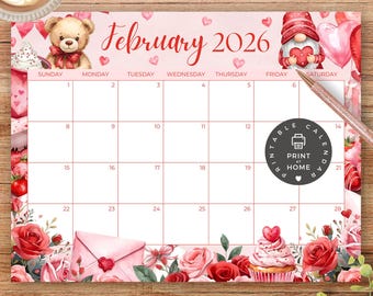 PRINTABLE Monthly Calendar, February 2026 PDF, Gnome, Teddy Bear, Valentine, Kids School Schedule, Classroom Calendar, Instant Download