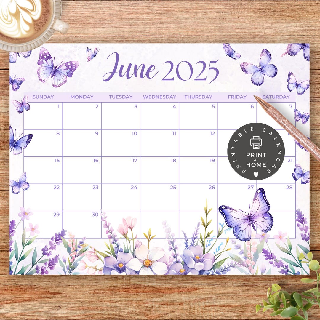 PRINTABLE Monthly Calendar, June 2025 PDF Download, Summer, Butterfly, Floral, Purple, Lilac ...