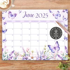 Calendario mensual imprimible, junio de 2025 (PDF), verano, mariposas, flores, morado, lila, aula infantil, descarga instantánea, 6 de junio